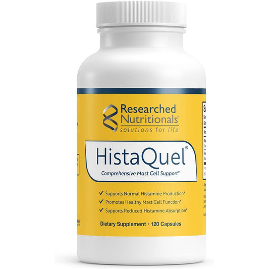 Researched Nutritionals HistaQuel 120 capsules front label showing mast cell support benefits