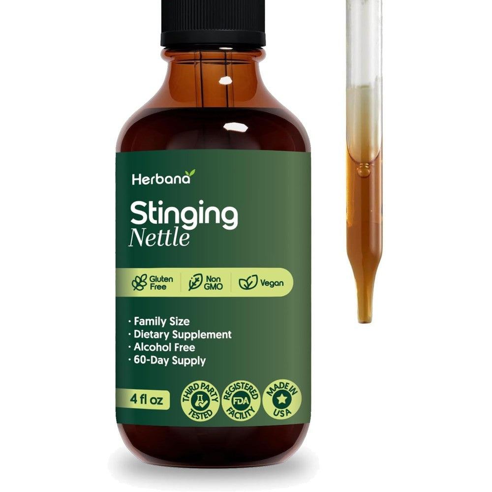 Herbana Manufacturing Stinging Nettle Leaf and Root Liquid Extract front view showing the four fluid ounce bottle and dropper packaging.