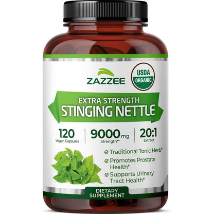 Zazzee Organic Stinging Nettle 9000mg 120 capsules bottle front view showing USDA certified organic seal