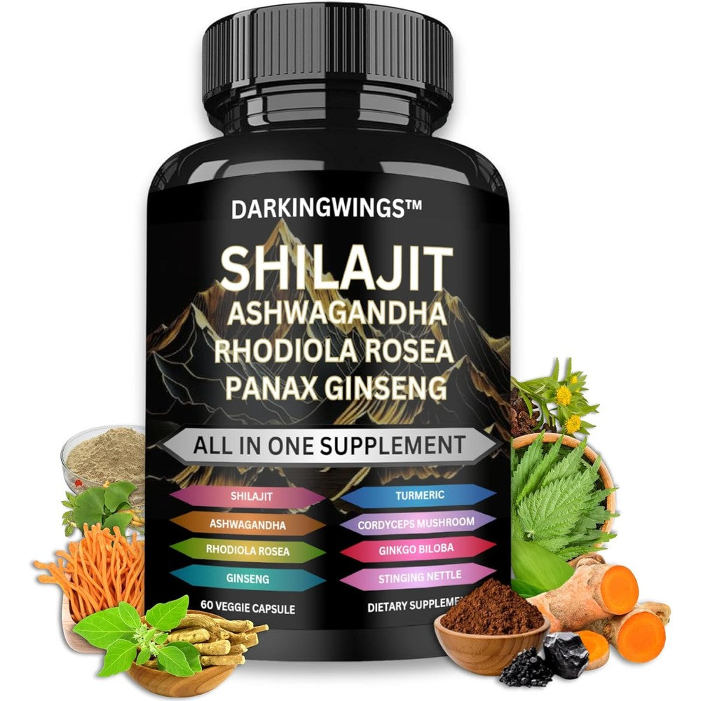 Darkingwings Shilajit Ashwagandha capsules front view bottle