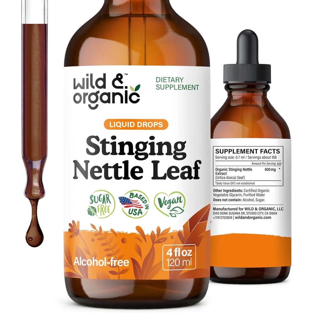 Wild And Organic Stinging Nettle Leaf Tincture four ounce bottle front view showcasing product label