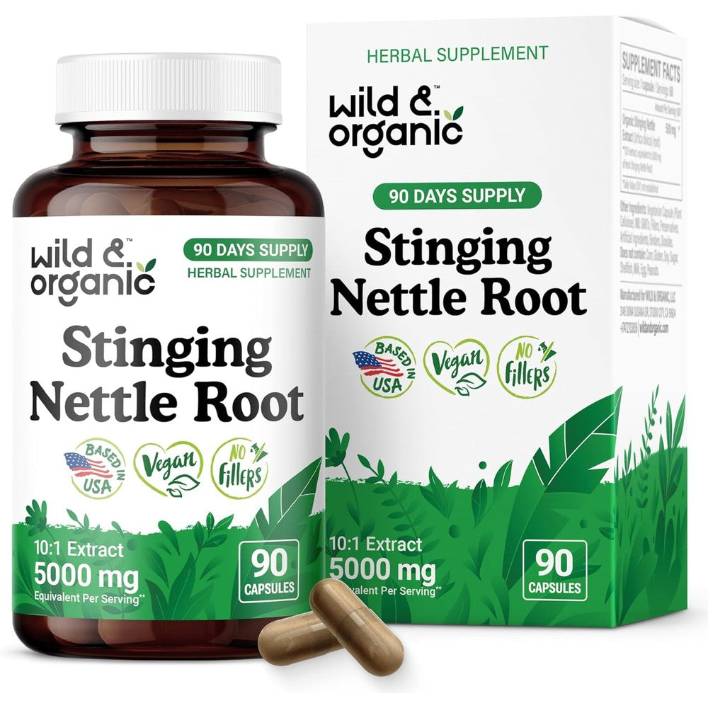 Wild and Organic Stinging Nettle Root Capsules front view for urinary support wellness.