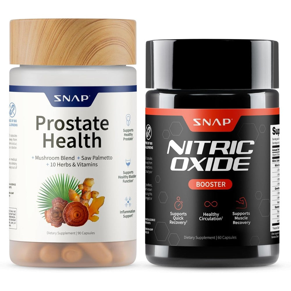Snap Supplements Prostate Health and Nitric Oxide Bundle bottles front view for men wellness