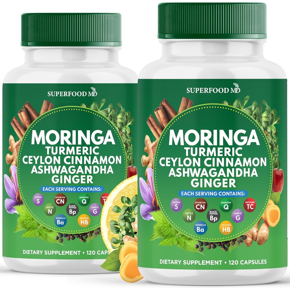 Superfood MD Moringa Powder Turmeric Nettle 240 Capsules bottle front view showing authentic imported label graphics.