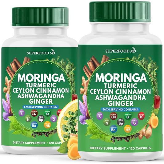 Superfood MD Moringa Powder Turmeric Nettle 240 Capsules bottle front view showing authentic imported label graphics.