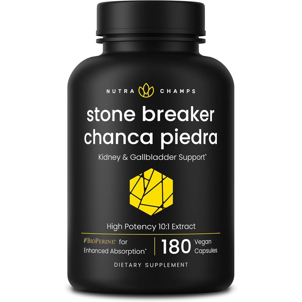 NutraChamps Chanca Piedra Stone Breaker 180 capsules front bottle view for kidney health support.