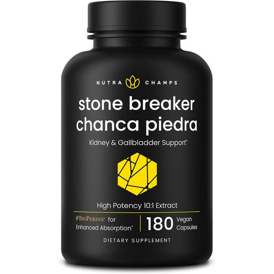 NutraChamps Chanca Piedra Stone Breaker 180 capsules front bottle view for kidney health support.