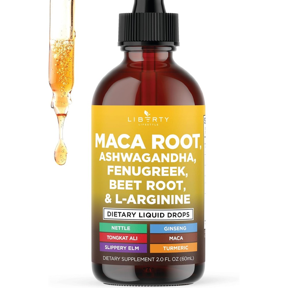 Liberty Lifestyle Maca Ashwagandha Liquid Drops front view bottle showing the organic ingredients label.