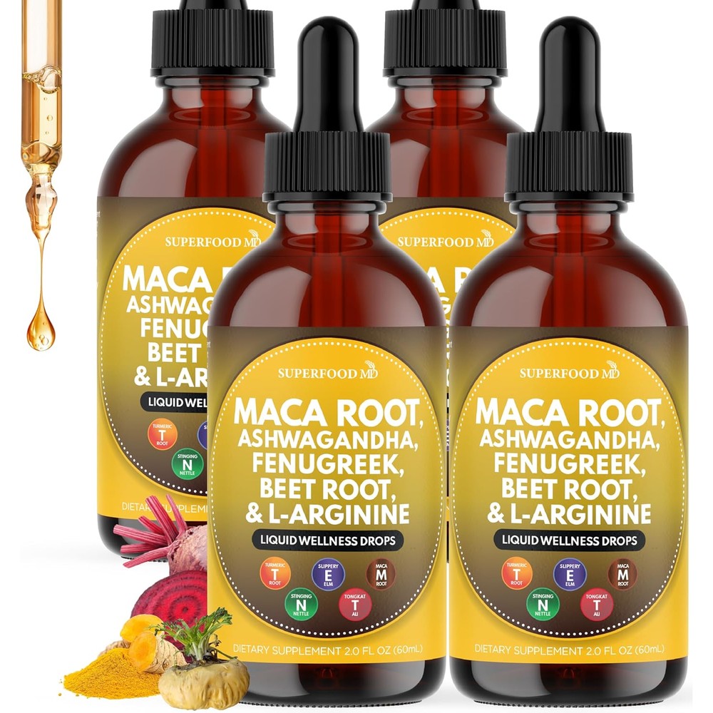 Superfood MD Maca Ashwagandha Liquid Drops front view bottle showing the brand label and liquid dropper