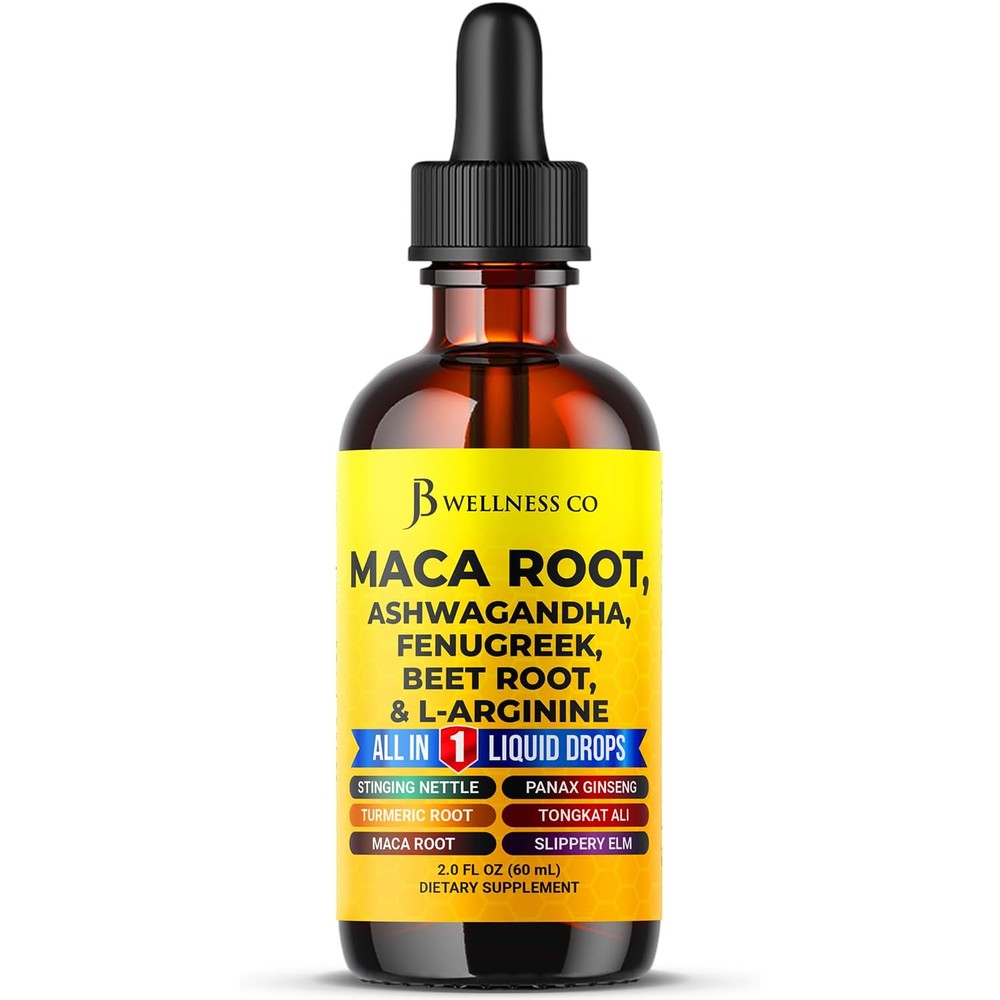 JB Wellness Co Organic Maca Root Liquid Drops front view bottle showing premium multi-herbal adaptogen ingredients for daily energy support.