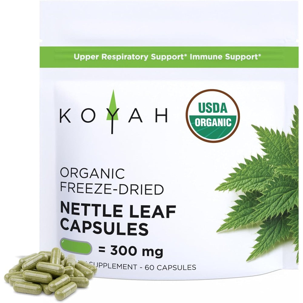 KOYAH Organic Stinging Nettle Leaf 300mg front view showing premium upper respiratory support supplements.