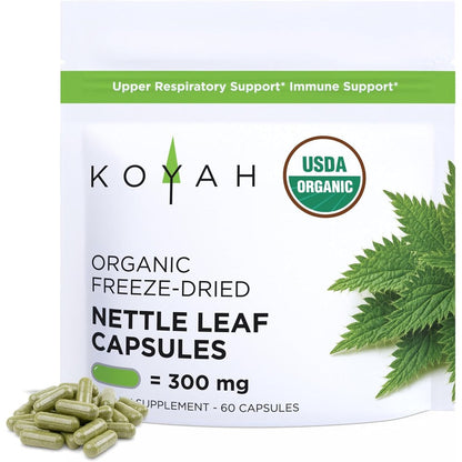 KOYAH Organic Stinging Nettle Leaf 300mg front view showing premium upper respiratory support supplements.