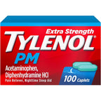 Tylenol PM Extra Strength 100 count bottle front view for nighttime pain relief.