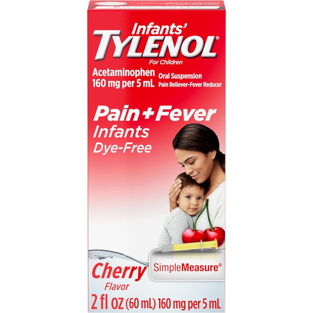 Tylenol Infants Liquid Pain Reliever and Fever Reducer front view bottle with syringe