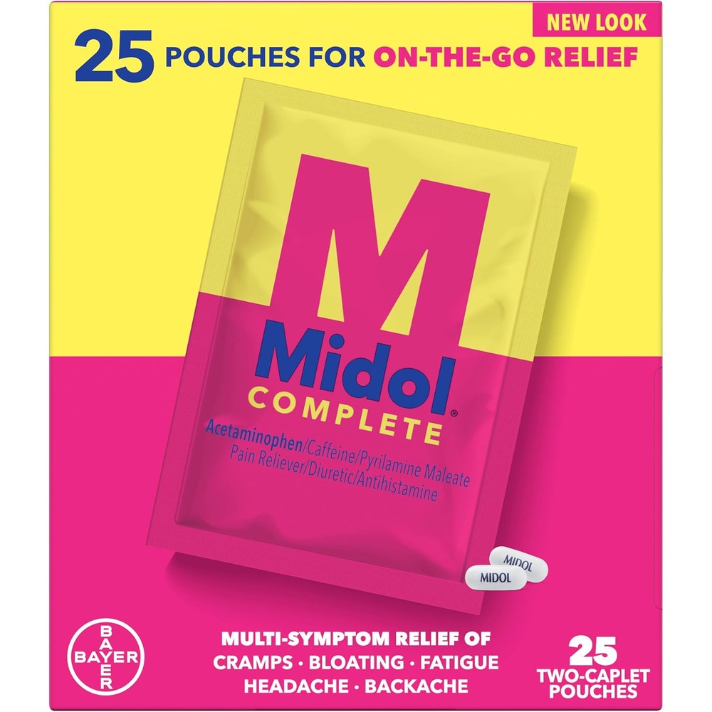 Midol Complete On The Go Caplets front box view for menstrual relief