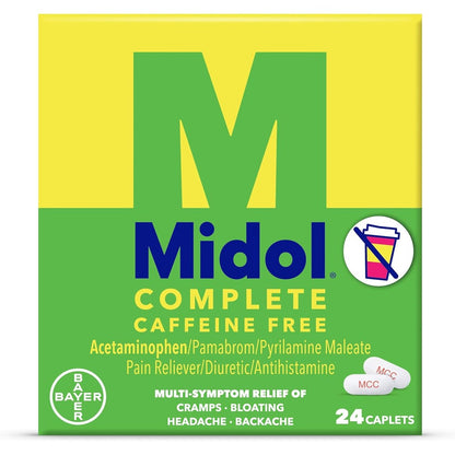Midol Complete Caffeine Free 24 count bottle front view for menstrual pain relief