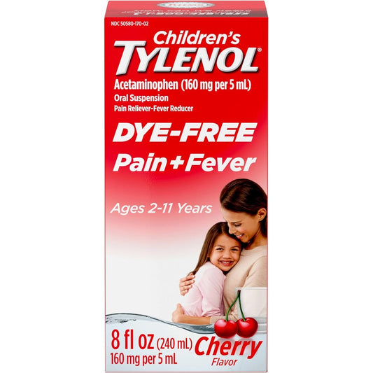 Tylenol Children's Liquid Pain Relief Dye-Free Cherry 8 Fluid Ounce front view authentic fever medicine