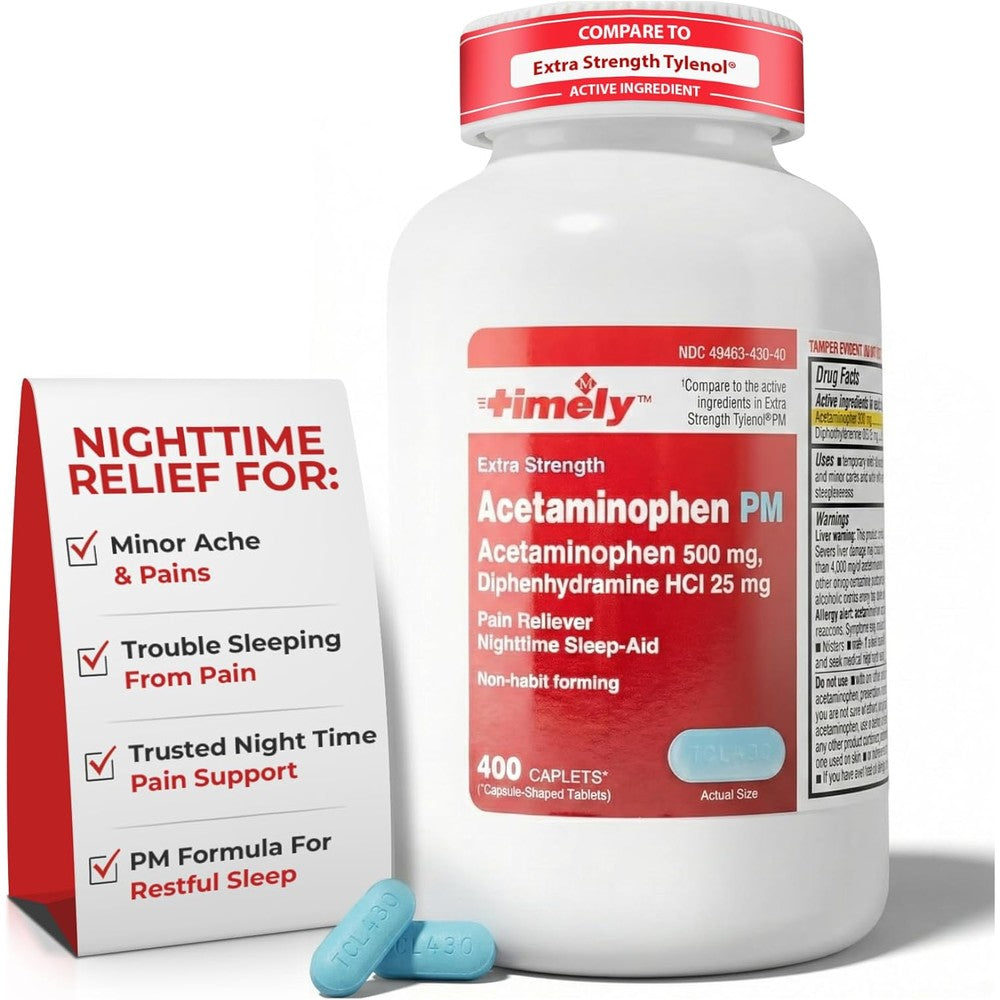 TIME-CAP LABS Timely Acetaminophen PM 400 caplets bottle front view for nighttime pain relief.
