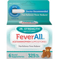 FeverAll Childrens Acetaminophen Suppositories front package view for fever relief.