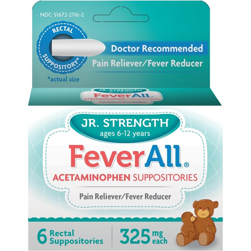 FeverAll Childrens Acetaminophen Suppositories front package view for fever relief.