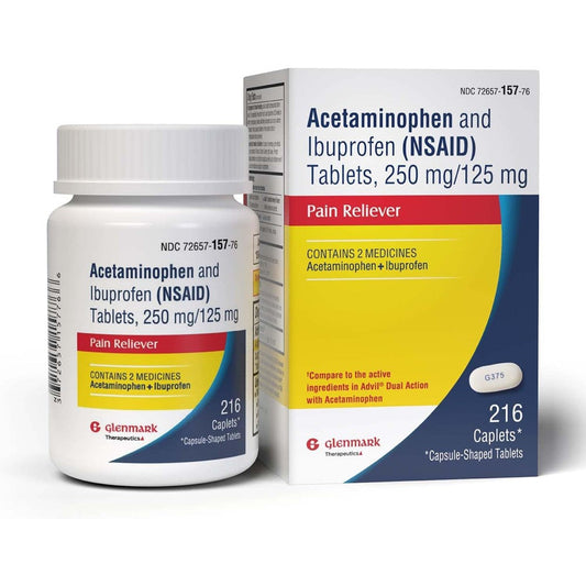 Glenmark Therapeutics Dual Action Acetaminophen and Ibuprofen bottle front view for pain relief.
