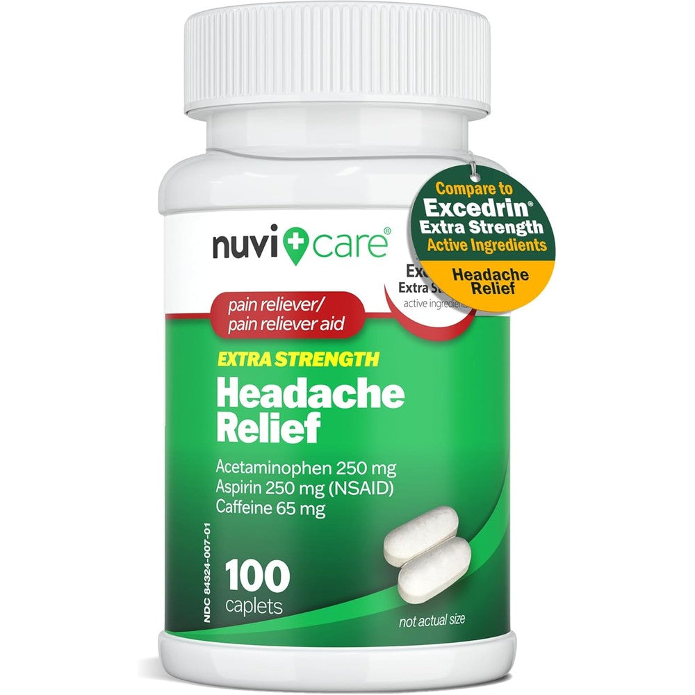 NUVICARE Headache Relief 100 caplets front view for migraine relief.
