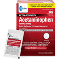 Globe Extra Strength Acetaminophen 500 mg 100 tablets front view pain relief