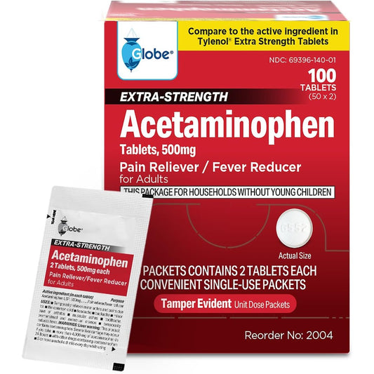 Globe Extra Strength Acetaminophen 500 mg 100 tablets front view pain relief
