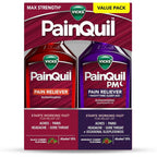Vicks PainQuil and PainQuil PM liquid bottles front view for maximum strength pain relief