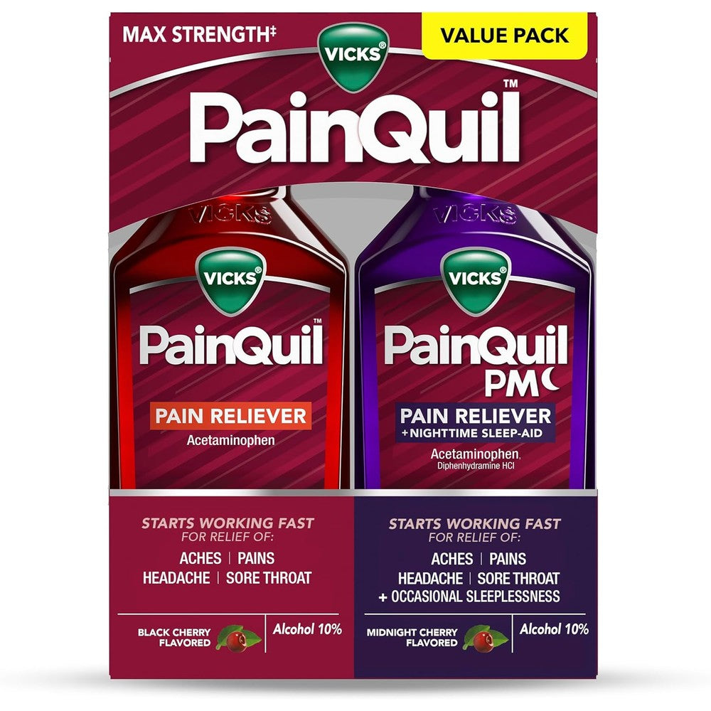 Vicks PainQuil and PainQuil PM liquid bottles front view for maximum strength pain relief