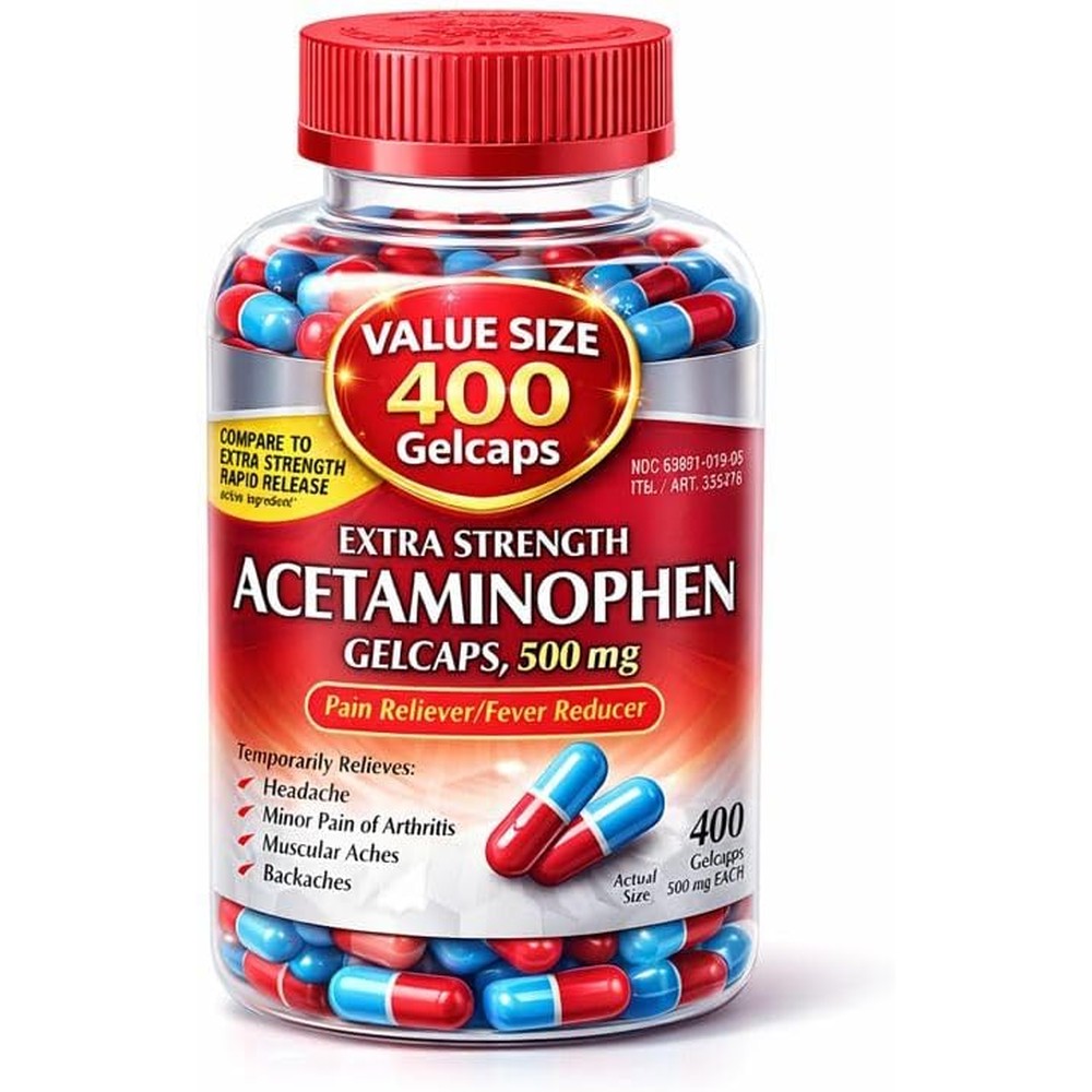 Generic Acetaminophen 500mg Extra Strength 400 Gelcaps front bottle view for pain relief