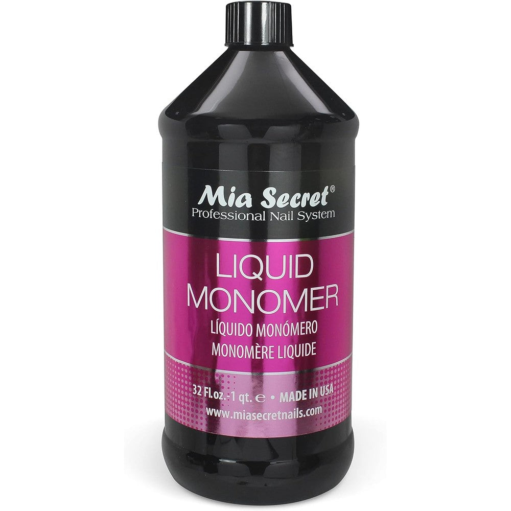 Mia Secret Liquid Monomer 32 Ounce front view bottle showcasing the professional salon packaging.