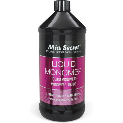 Mia Secret Liquid Monomer 32 Ounce front view bottle showcasing the professional salon packaging.