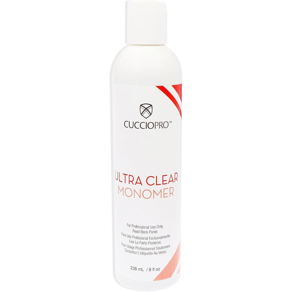 Cuccio Pro Ultra Clear Monomer eight ounce bottle front view for professional acrylic nail sculpting.