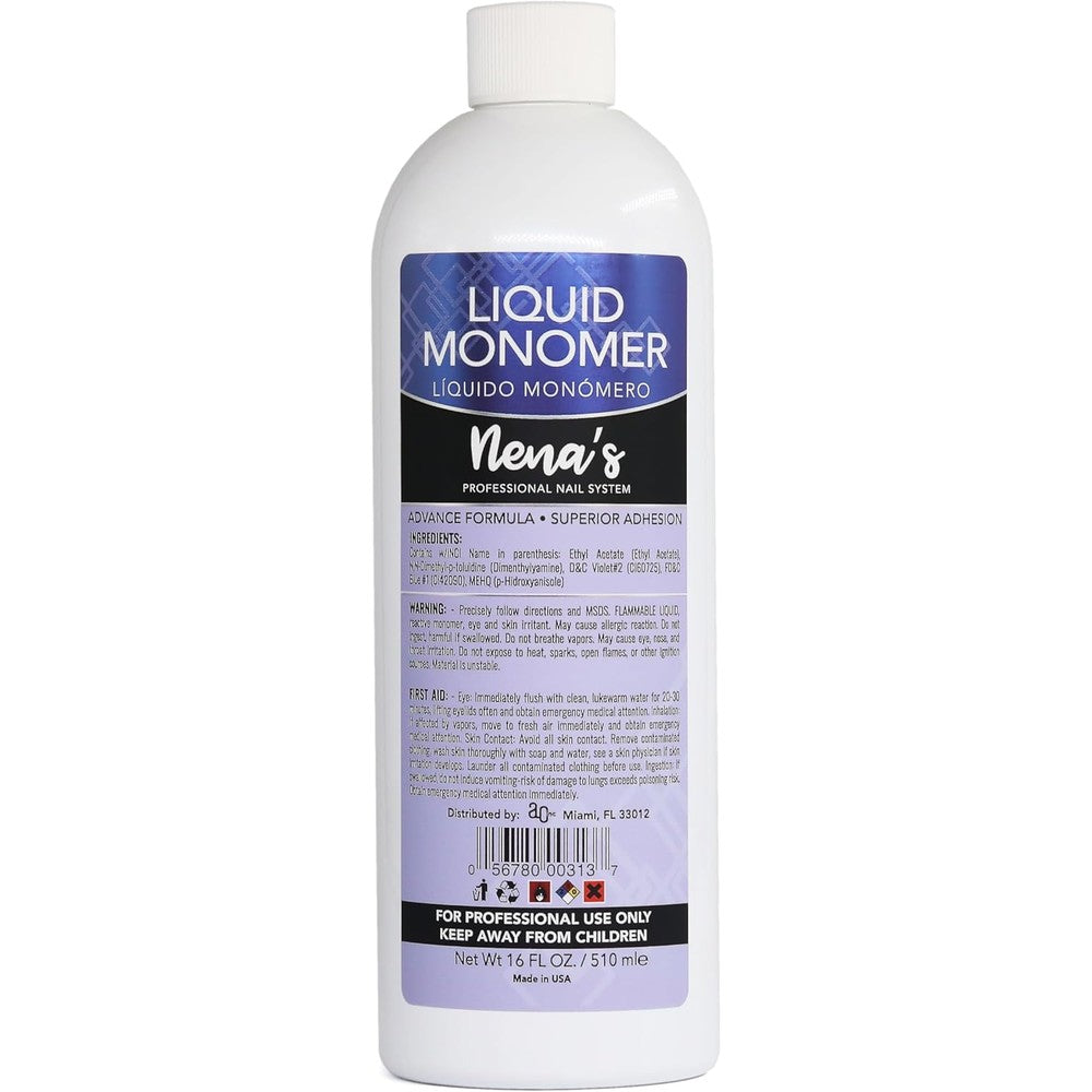 Nena's Professional Liquid Monomer front view sixteen fluid ounce bottle for acrylic nail extensions.