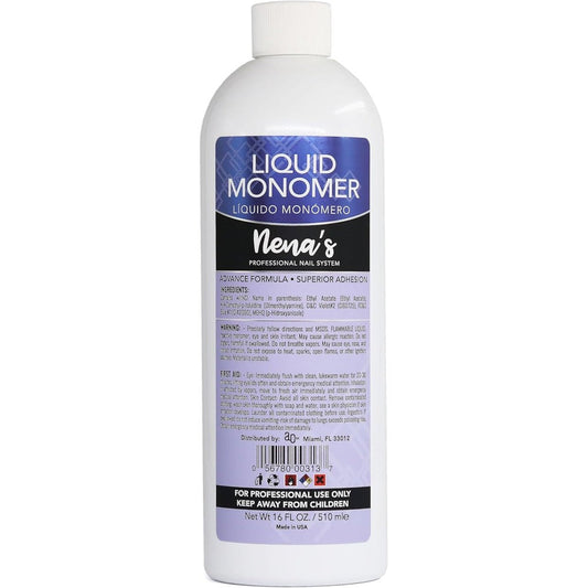 Nena's Professional Liquid Monomer front view sixteen fluid ounce bottle for acrylic nail extensions.