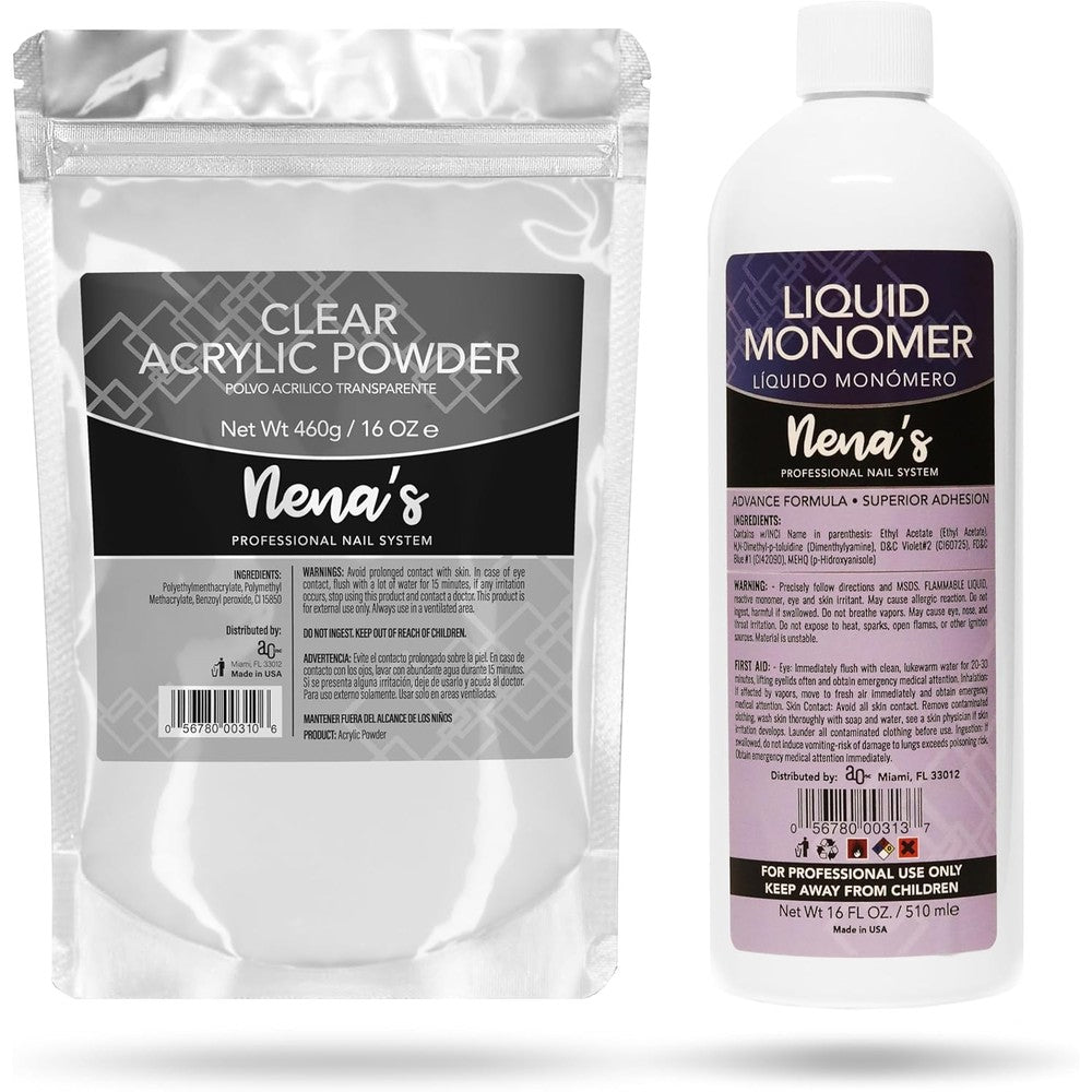 Nena's Professional Acrylic Liquid Monomer 16 Fluid Ounce And Clear Acrylic Powder 16 Ounce Set Made In USA Clear Pink - Image 1