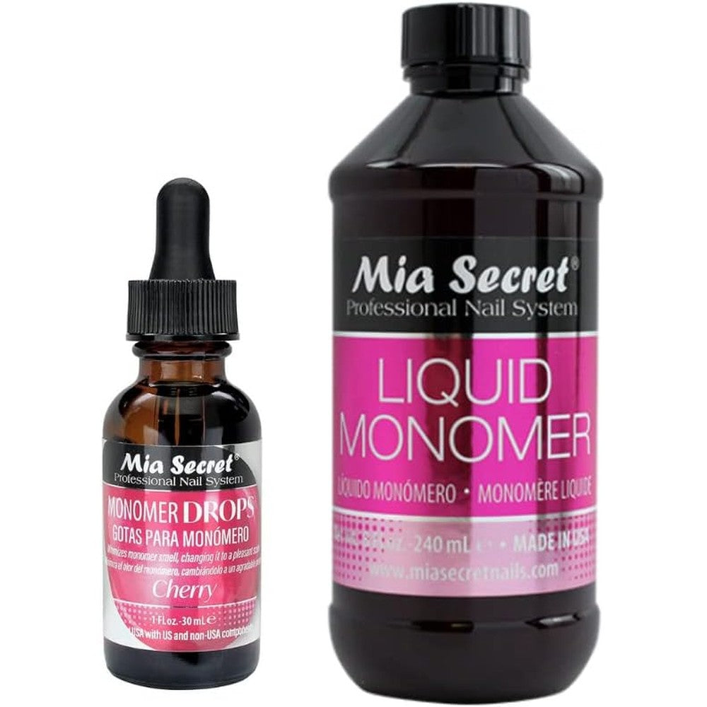Mia Secret Liquid Monomer eight ounce bottle with cherry scent drops front view