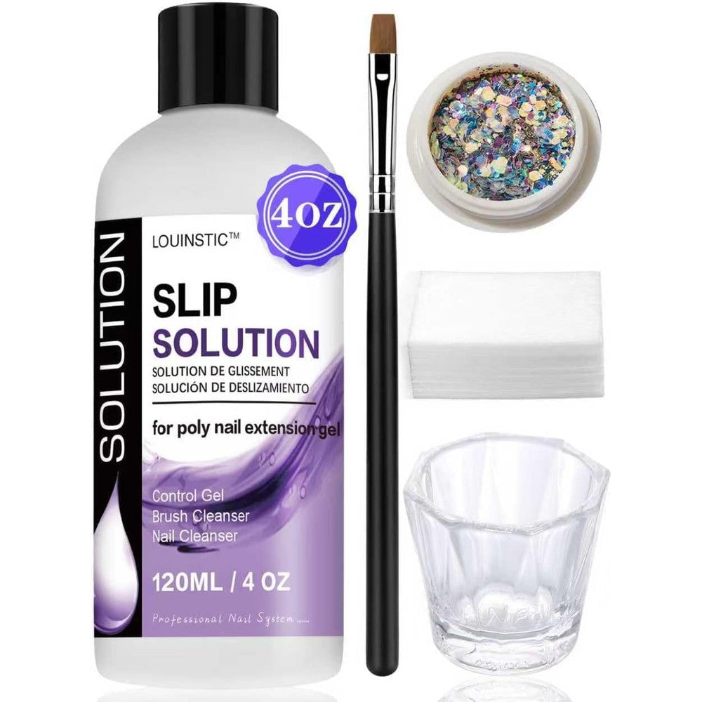 LOUINSTIC poly gel slip solution four ounce bottle with dual ended brush and cotton pads front view