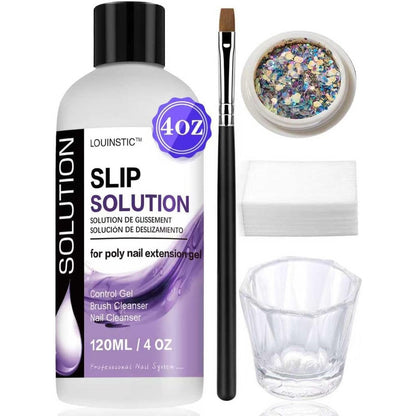 LOUINSTIC poly gel slip solution four ounce bottle with dual ended brush and cotton pads front view