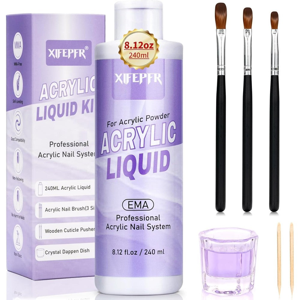 Xifepfr Monomer Acrylic Nail Liquid front view bottle with professional styling kit.