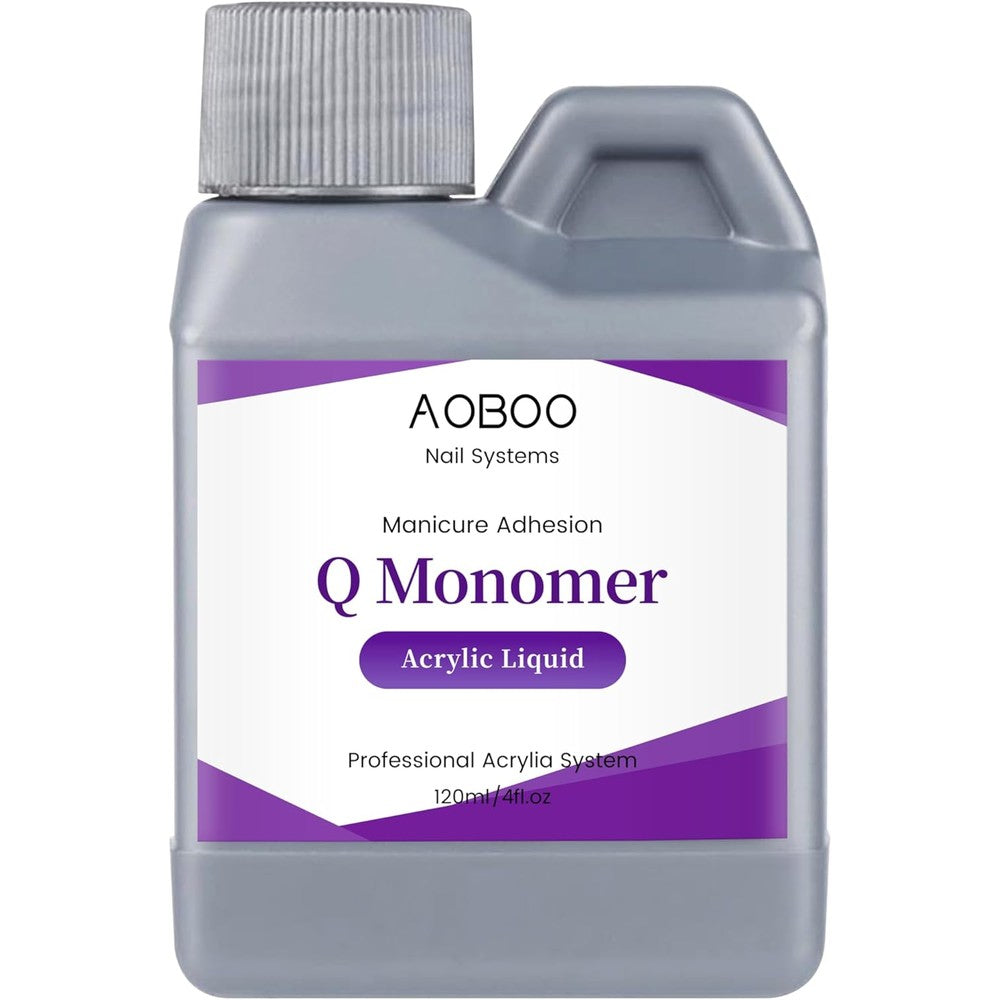 AOBOO monomer acrylic nail liquid four fluid ounce front view bottle on plain background for professional extensions