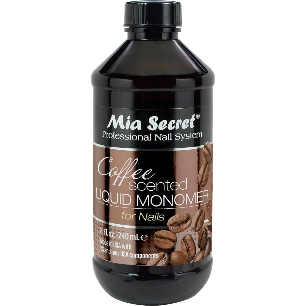 Mia Secret Coffee Scented Liquid Monomer front view of the professional eight ounce bottle showcasing the official brand label.