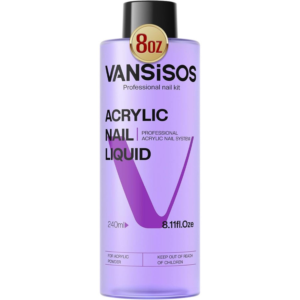 Vansisos Professional Acrylic Nail Liquid front view of the eight fluid ounce bottle.