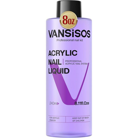 Vansisos Professional Acrylic Nail Liquid front view of the eight fluid ounce bottle.