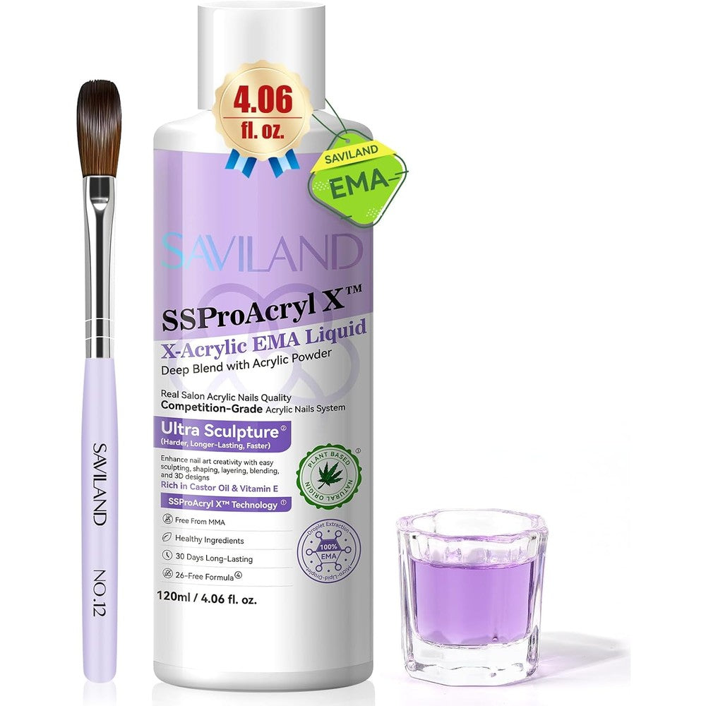 Saviland monomer acrylic nail liquid kit containing the four ounce bottle front view with brush and glass dish