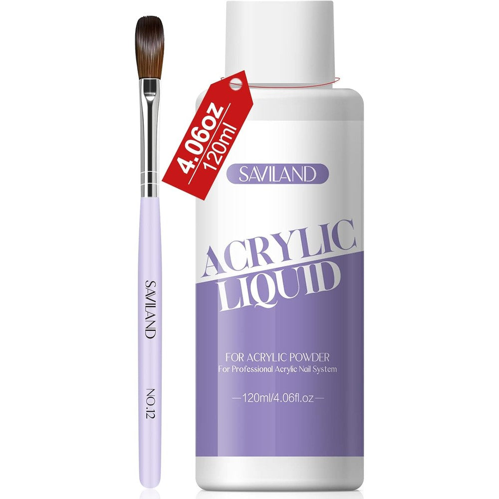 Saviland monomer acrylic nail liquid four ounce bottle and nail brush front view