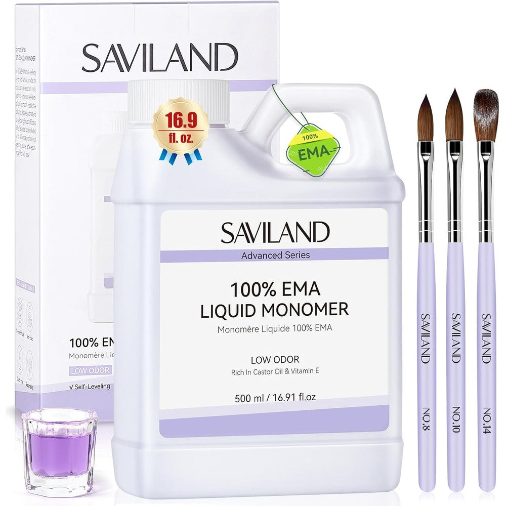 Saviland Advanced Monomer Acrylic Nail Liquid Kit front view of the 500 milliliter bottle with professional brushes and dappen dish