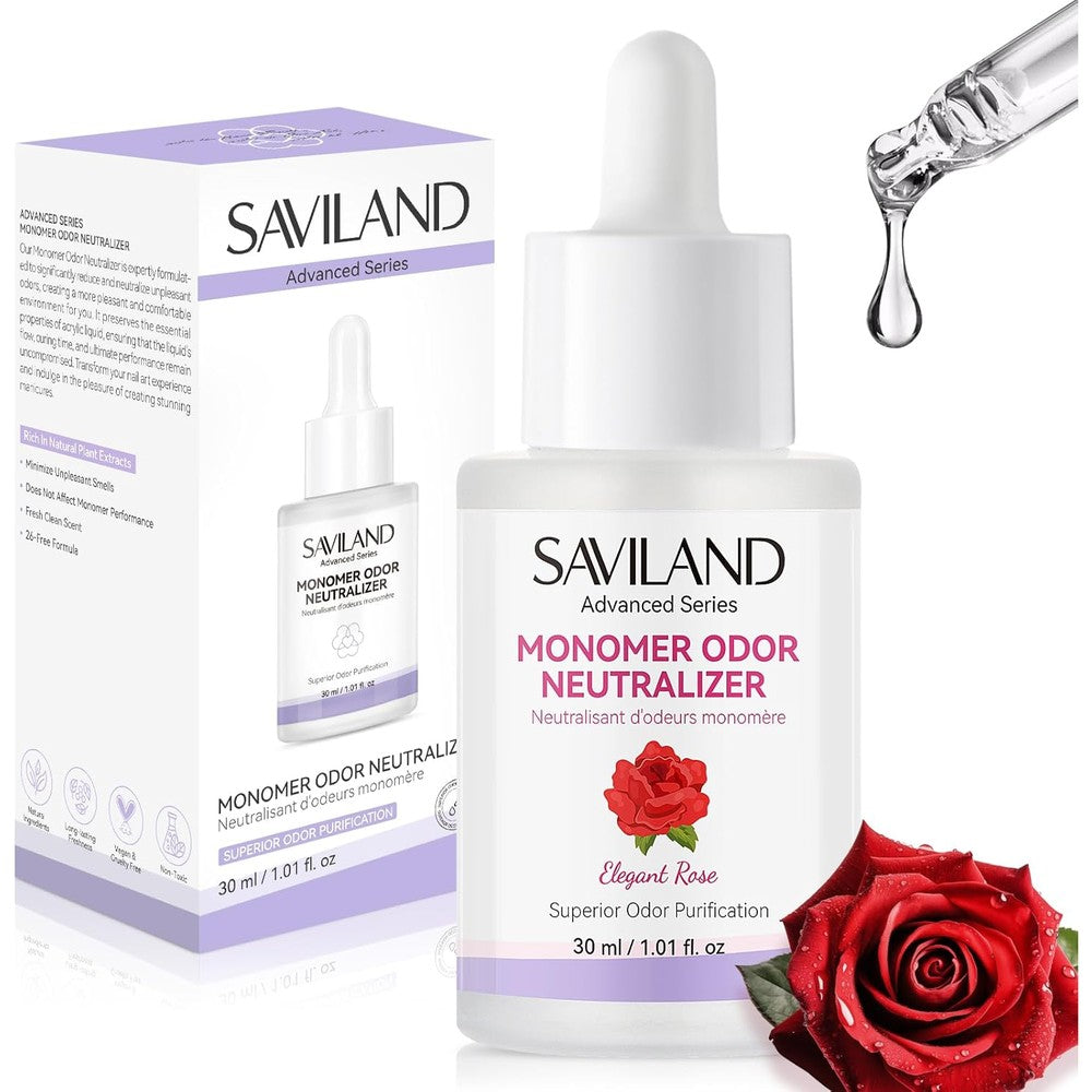 Saviland Advanced Monomer Drops front view showing the 1.01 fluid ounce bottle with dropper for professional nail odor purification.