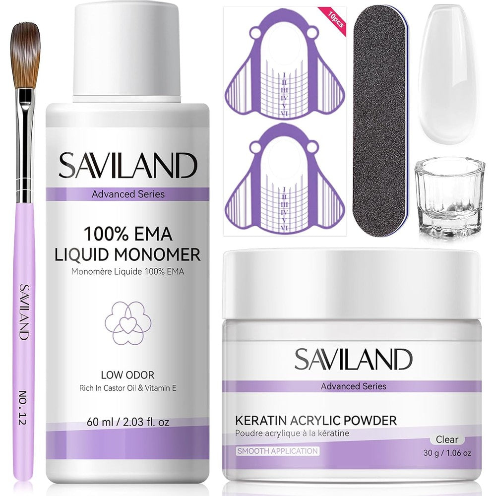 Saviland Acrylic Nail Kit for Beginners front view showing the clear acrylic powder jar and liquid monomer bottle